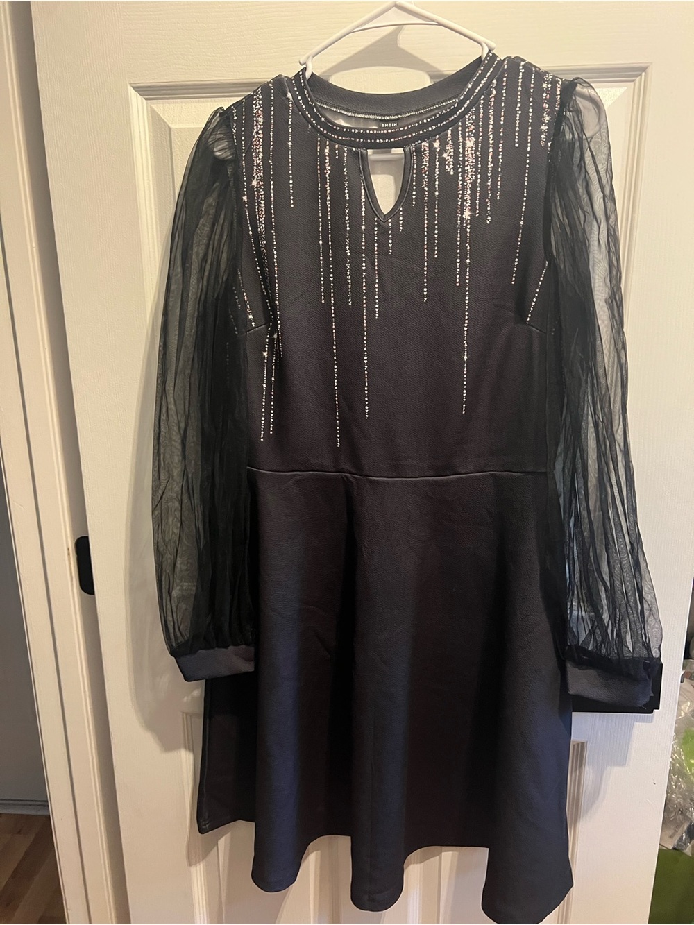 SHEIN Black A-Line Dress with Sheer Mesh Sleeves and Rhinestone Strands
